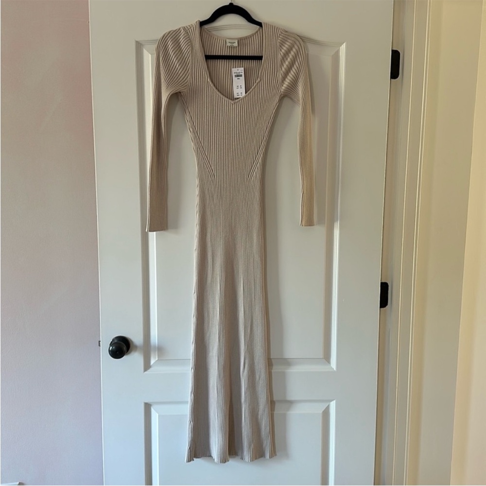 Slim Ribbed Long Sleeve Knit Dress - Cream